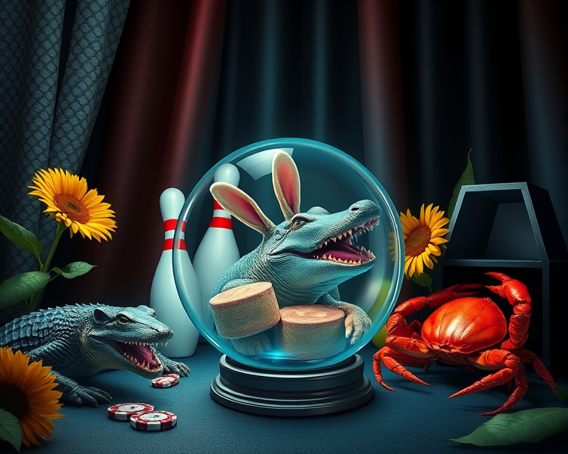 bowling ball, crystal ball, curtain, alligator, jar, bunny, poker chip, cub, shark, panther, sunflower, crab, coffin